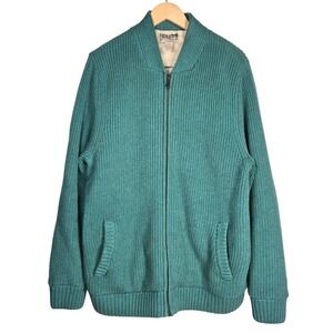 Duluth Trading Co Mens L Teal Cotton Full Zip Sherpa Lined Ribbed Sweater Jacket